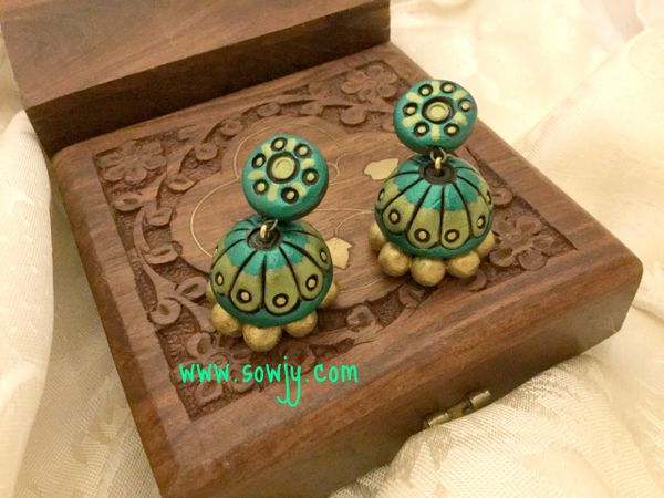 Medium Sized terracotta Jhumkas in Shades of Light and Dark Green!!!!