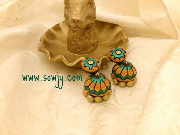 Medium Sized terracotta Jhumkas in Green and Orange!!!!