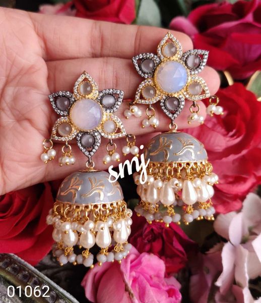 Original HandPainted Meenakari Jhumkas with Semi-Precious Multi & Single Color Stones,Gold and Rhodium Plating with Two Tone Diamonds and Two Layer Crystals- Grey!!!