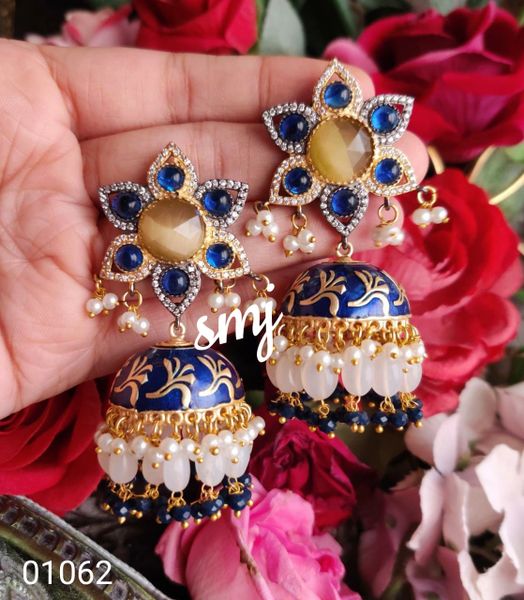 Original HandPainted Meenakari Jhumkas with Semi-Precious Multi & Single Color Stones,Gold and Rhodium Plating with Two Tone Diamonds and Two Layer Crystals- Dark Blue !!!