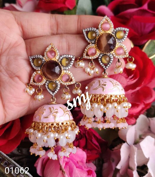 Original HandPainted Meenakari Jhumkas with Semi-Precious Multi & Single Color Stones,Gold and Rhodium Plating with Two Tone Diamonds and Two Layer Crystals- White Pink with Brown Stones !!!
