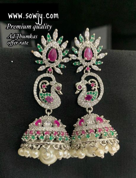 Beautiful Peacock Long Jhumkas- Silver Finish with Ruby and Emerald Stones!!!