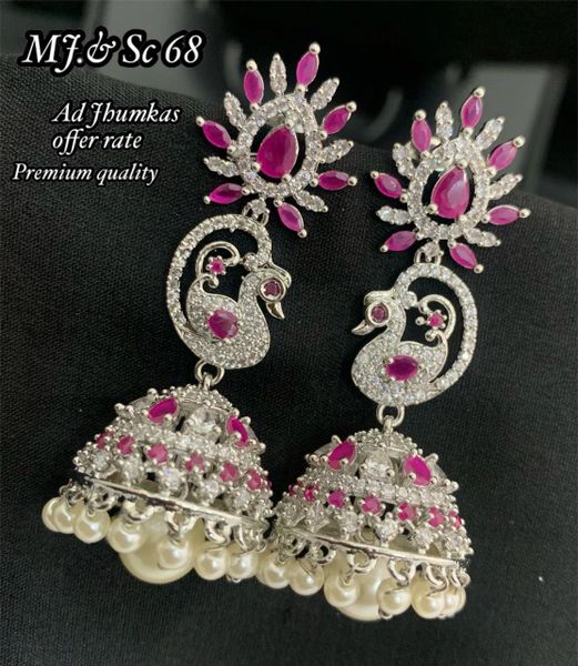 Beautiful Peacock Long Jhumkas- Silver Finish with Ruby Stones!!!