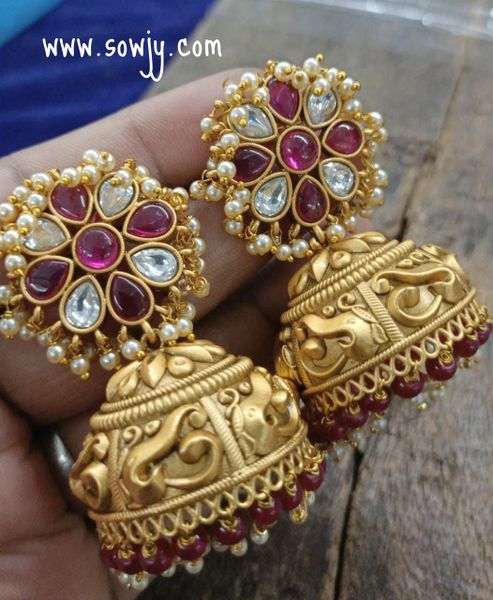 Big Size Kemp Stone Ghnugroo Studs with 3D Embossed Elephant Designer XL Size Jhumkas with Ruby Beads Hanging/Drops!!!