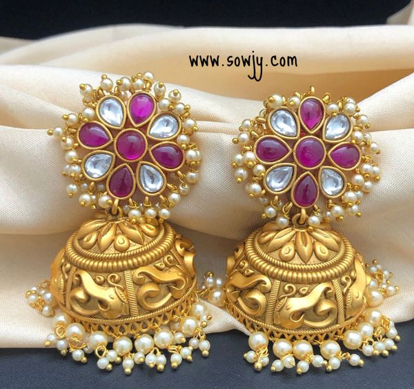 Big Size Kemp Ruby Stone Ghnugroo Studs with 3D Embossed Elephant Designer XL Size Jhumkas with Pearl Beads Hanging/Drops!!!