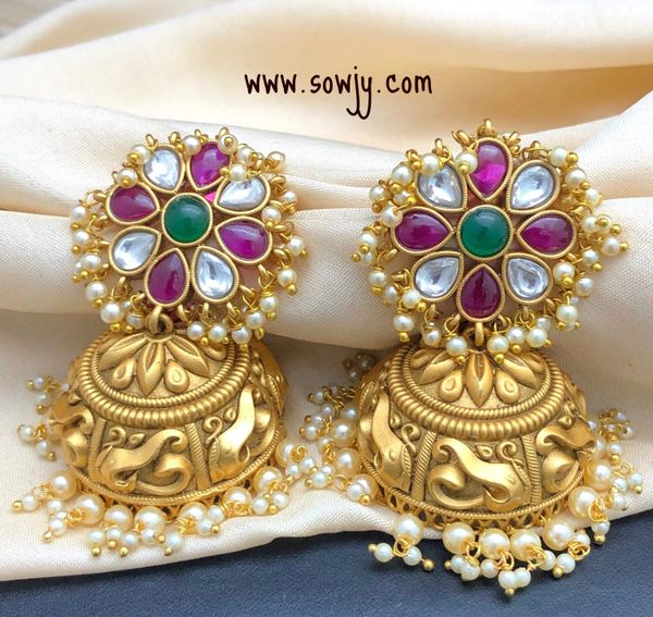 Big Size Kemp Ruby and Emerald Stone Ghnugroo Studs with 3D Embossed Elephant Designer XL Size Jhumkas with Pearl Beads Hanging/Drops!!!