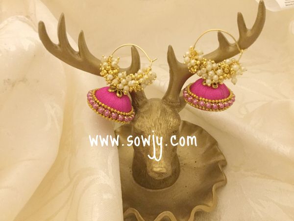 Medium Sized Silk Thread Bali Style Jhumkas with Ghungroos in Dark Pink !!!