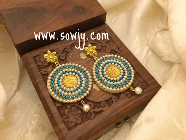 Party Wear Paper Based Earrings In Blue and pearls with Golden Studs!!!