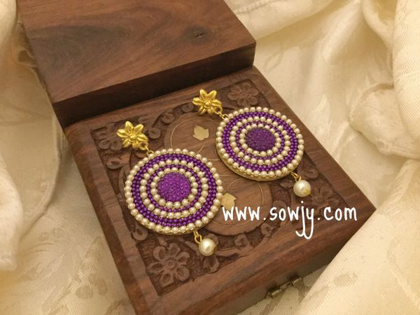 Party Wear Paper Based Earrings In Purple and pearls with Golden Studs!!!