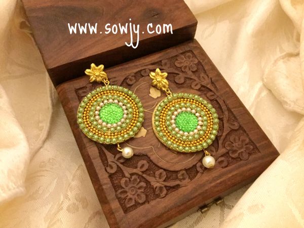 Party Wear Paper Based Earrings In Light Green and pearls with Golden Studs!!!