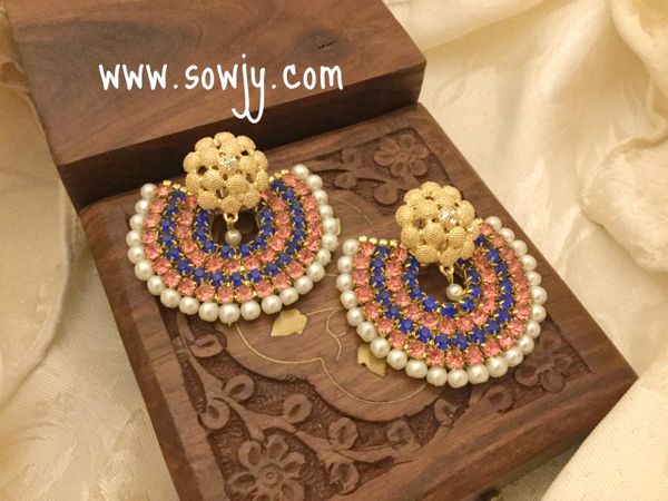 Grand/Party Wear Chandbali Earrings with Blue and Pink Rhinestones!!!