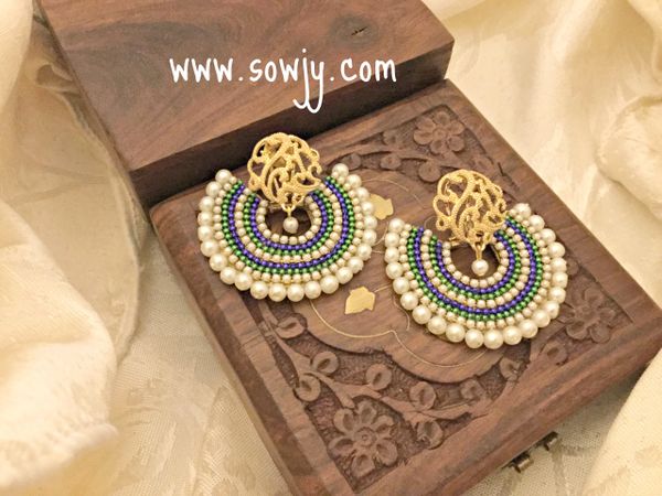 Grand/Party Wear Chandbali Earrings in Blue and Green with Gold Rose Studs!!!