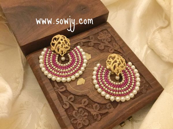 Grand/Party Wear Paper Based Chandbali Earrings in Pink with Gold Rose Studs!!!