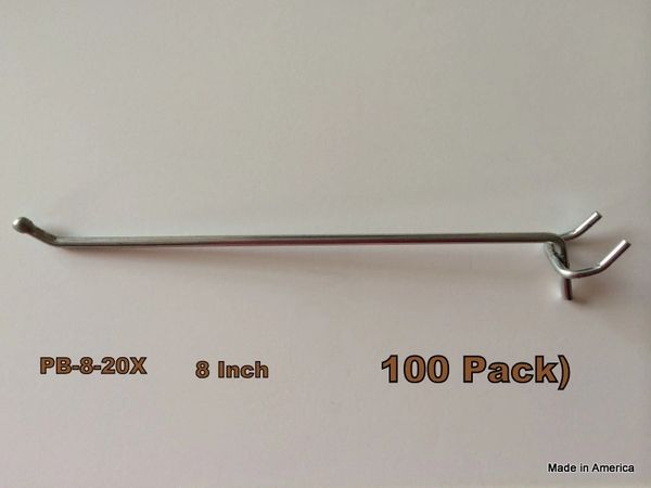 USA Made 8 Inch Metal Peg Hooks For 1/8 & 1/4 Pegboard & Slatwall. 100 PACK 