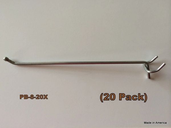 For 1/8 & 1/4" Pegboard or Slatwall 20 PACK USA Made 8 Inch Metal Peg Hooks 