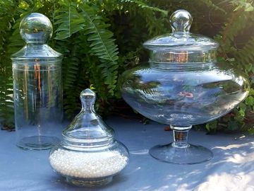 Apothecary jar dessert table wedding reception rustic romantic centerpiece