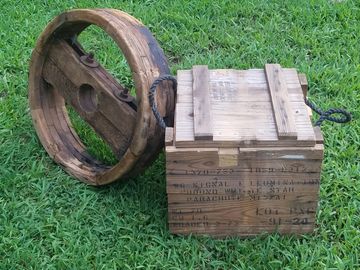 Wood crate and wheel rustic romantic wedding event rental SC