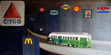 Bead embroidery Boston art MBTA Green Line Trolley Citgo sign Beaded painting acrylics subway BU