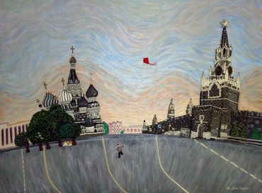 Bead embroidery acrylic painting Red Square Moscow Russia beaded Kremlin art St. Basil's Cathedral