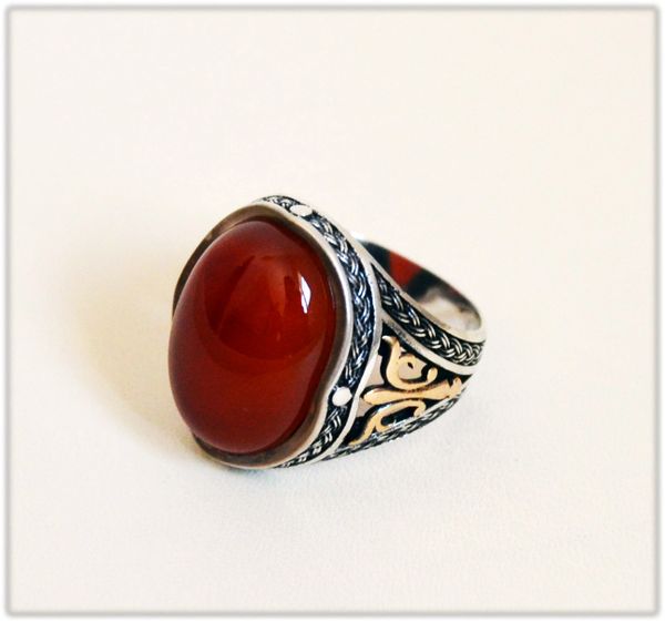 Birthday Gift 925k Sterling Silver Ring Turkish Handmade Anchor Men Ring Mens Handmade Ring Ottoman Mens Ring Red Agate Stone