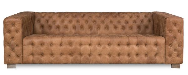 Long Sofa Couch Tan Suede Leather Tufted | Bravo Interiors