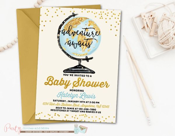 Adventure Awaits World Map Baby Shower Party Invites And More