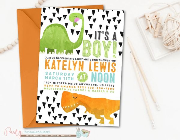 Modern Dinosaur Baby Shower Invitation For A Baby Boy Party