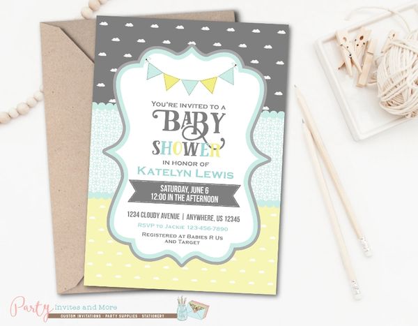 Gray Yellow And Baby Blue Clouds Baby Shower Invitation Party