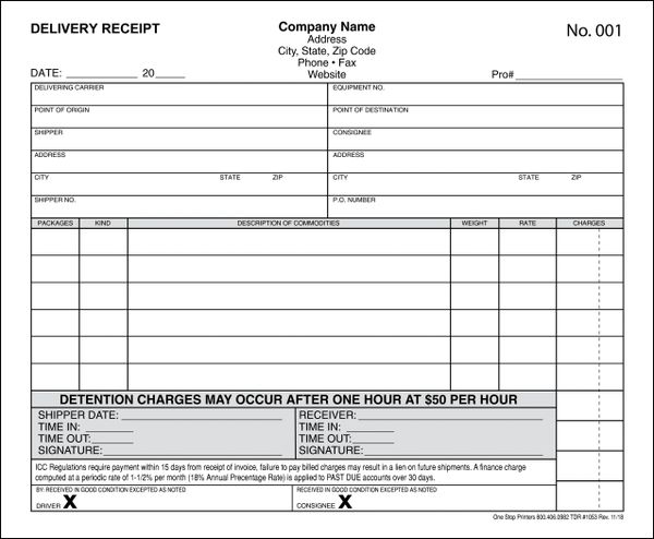 Truck Drivers Delivery Receipt With Detention Charge