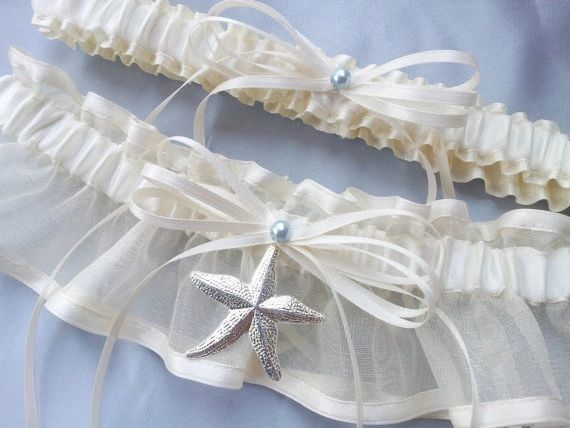 Ivory White Starfish Beach Wedding Bridal Garter Set Blue Pearl