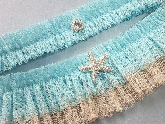 Beach Starfish Wedding Garter Set Aqua Champagne Tan Sand Tulle