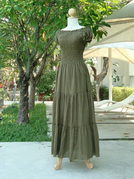 Women Army Olive Green Summer Peasant Cotton Gauze Maxi Dress | Unique