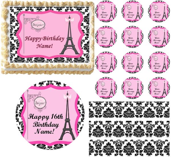 Black and White PARIS Damask Eiffel Tower Bonjour Edible Cake Topper