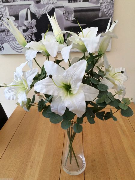 LARGE ARTIFICIAL FLOWER VASE ARRANGEMENT IVORY LILY ...