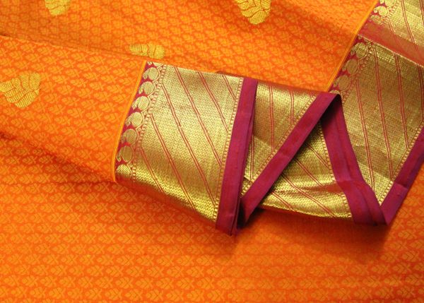 Orange Jacquard & Purplish Pink Pure Kanchipuram Silk Saree | Temple Of ...