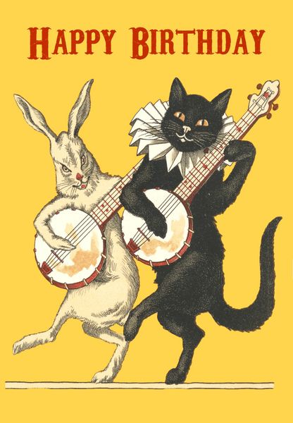 Banjo Serenade. Fantastic Birthday Card with Black Cat and Rabbit