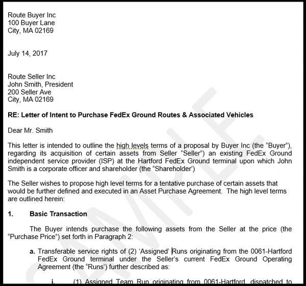 hotel for letter contract FedEx Letter of Route LOI Intent   Sample FedEx Route
